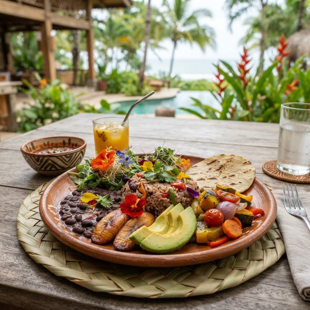 Nicoya Costa Rica Blue Zone longevity meal with black beans, avocado, and sweet plantains by Chef André