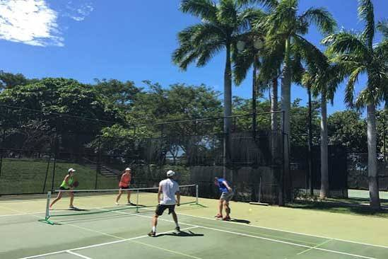 Pro tennis coaching group play on court framed by palms
