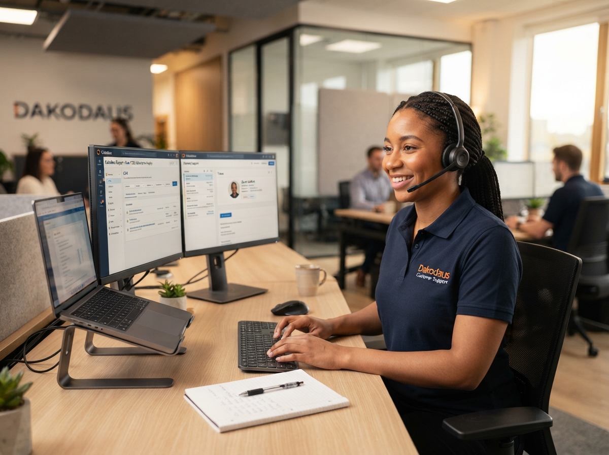 Professional responding to customer inquiry with AI support
