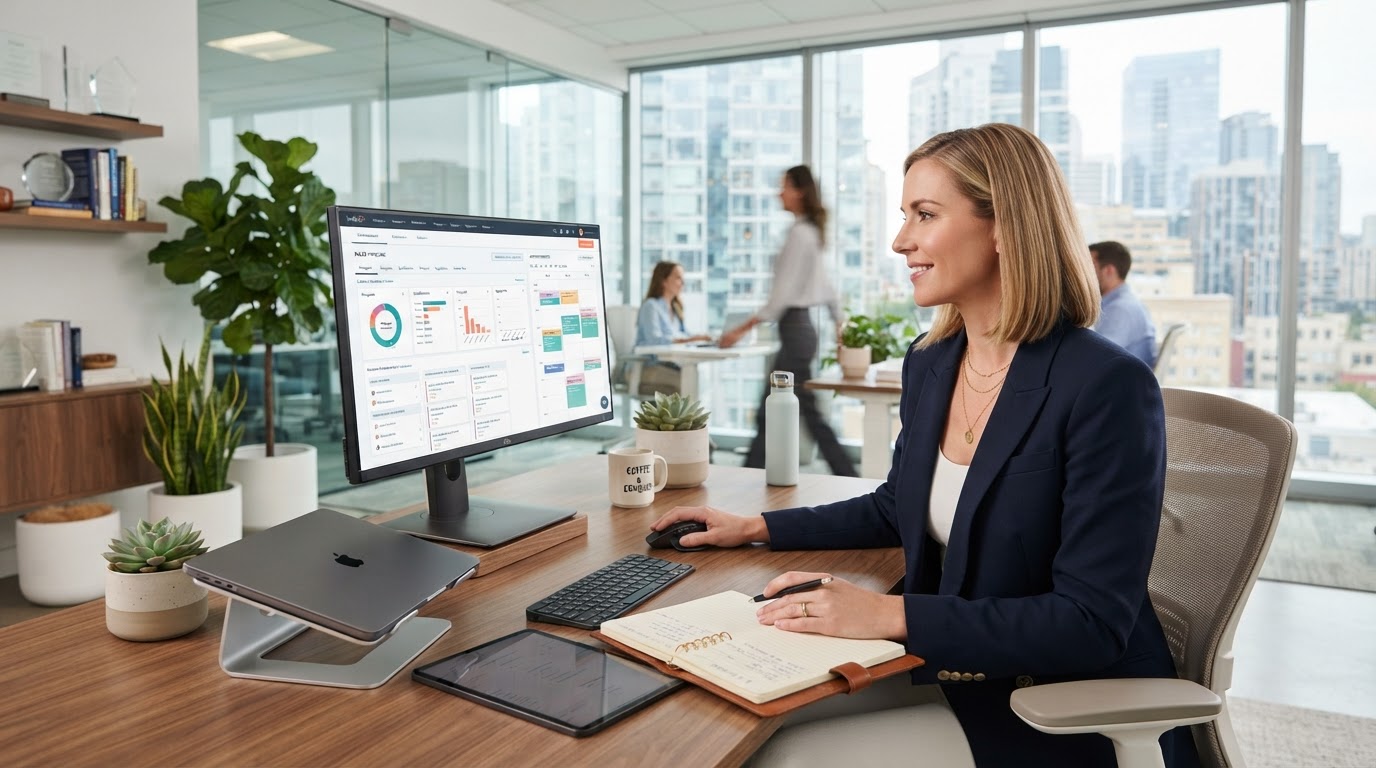 Business owner reviewing pipeline and appointments on a desktop computer