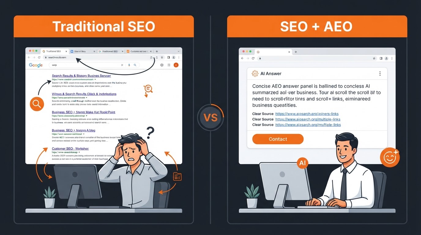 Side-by-side comparison showing SEO returning relevant links and SEO plus AEO presenting a clear answer with supporting sources.