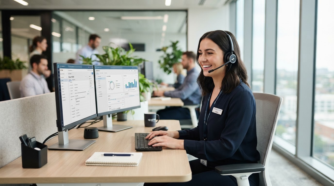 Professional responding to customer inquiry with AI support
