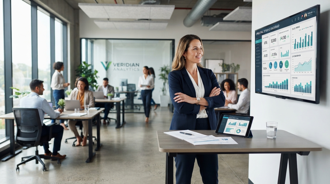 Confident business owner reviewing business systems in a modern office