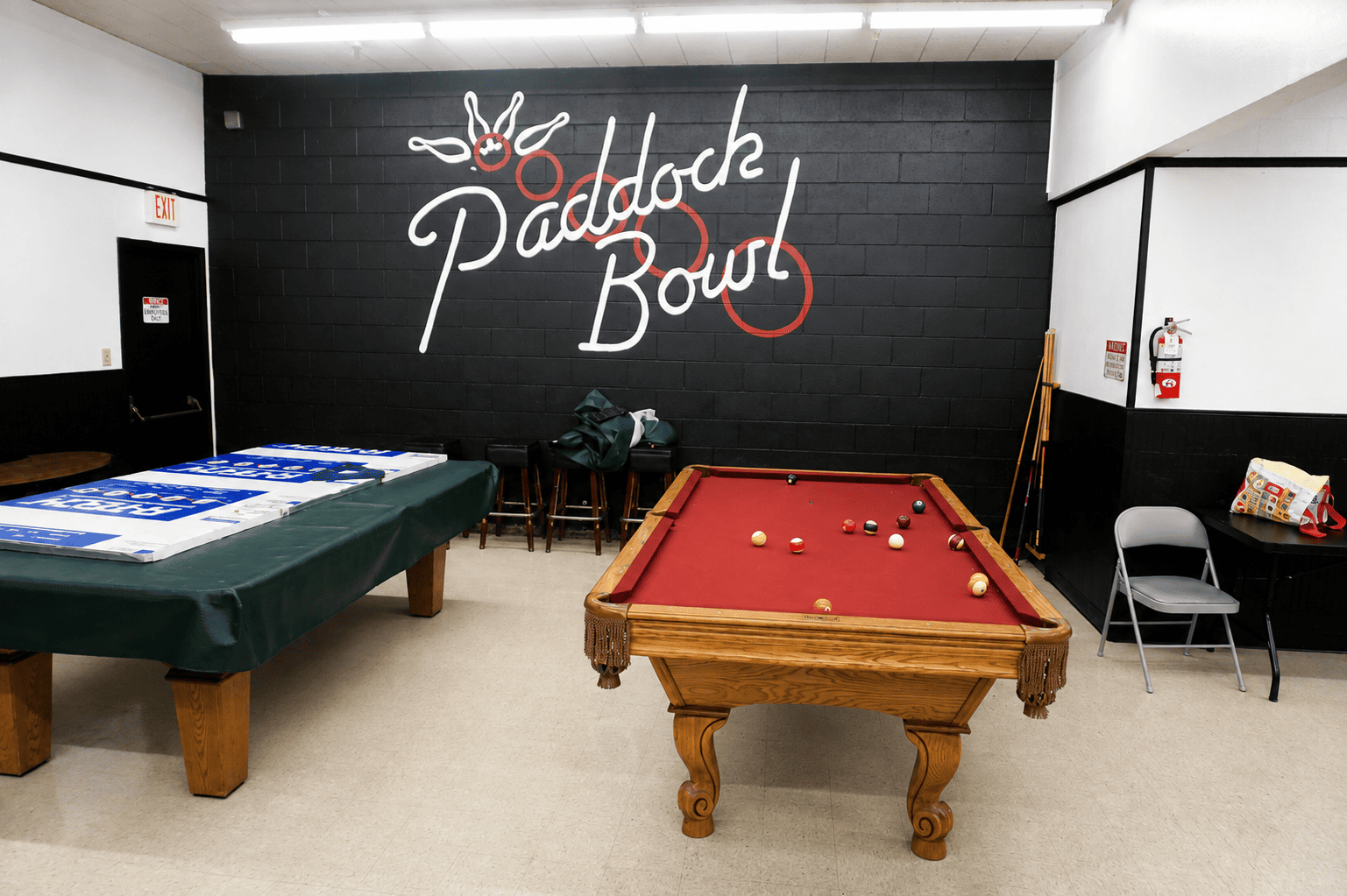 Pool tables with Paddock Bowl branding in Pacheco, CA — great for birthday parties and group events