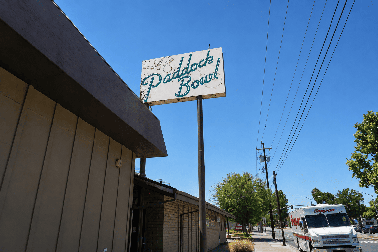 Paddock Bowl vintage sign on Pacheco Blvd in Pacheco, CA — classic retro bowling alley signage