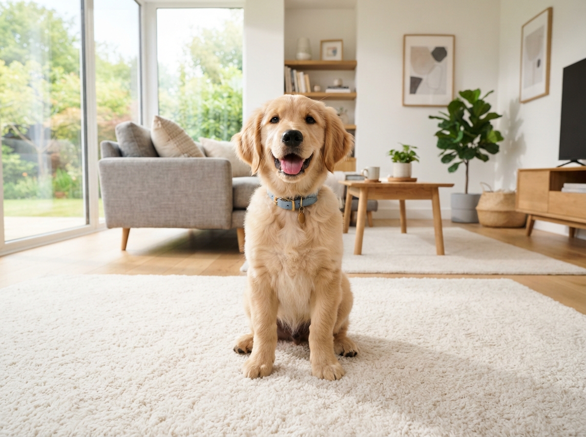 Happy pet on clean carpet