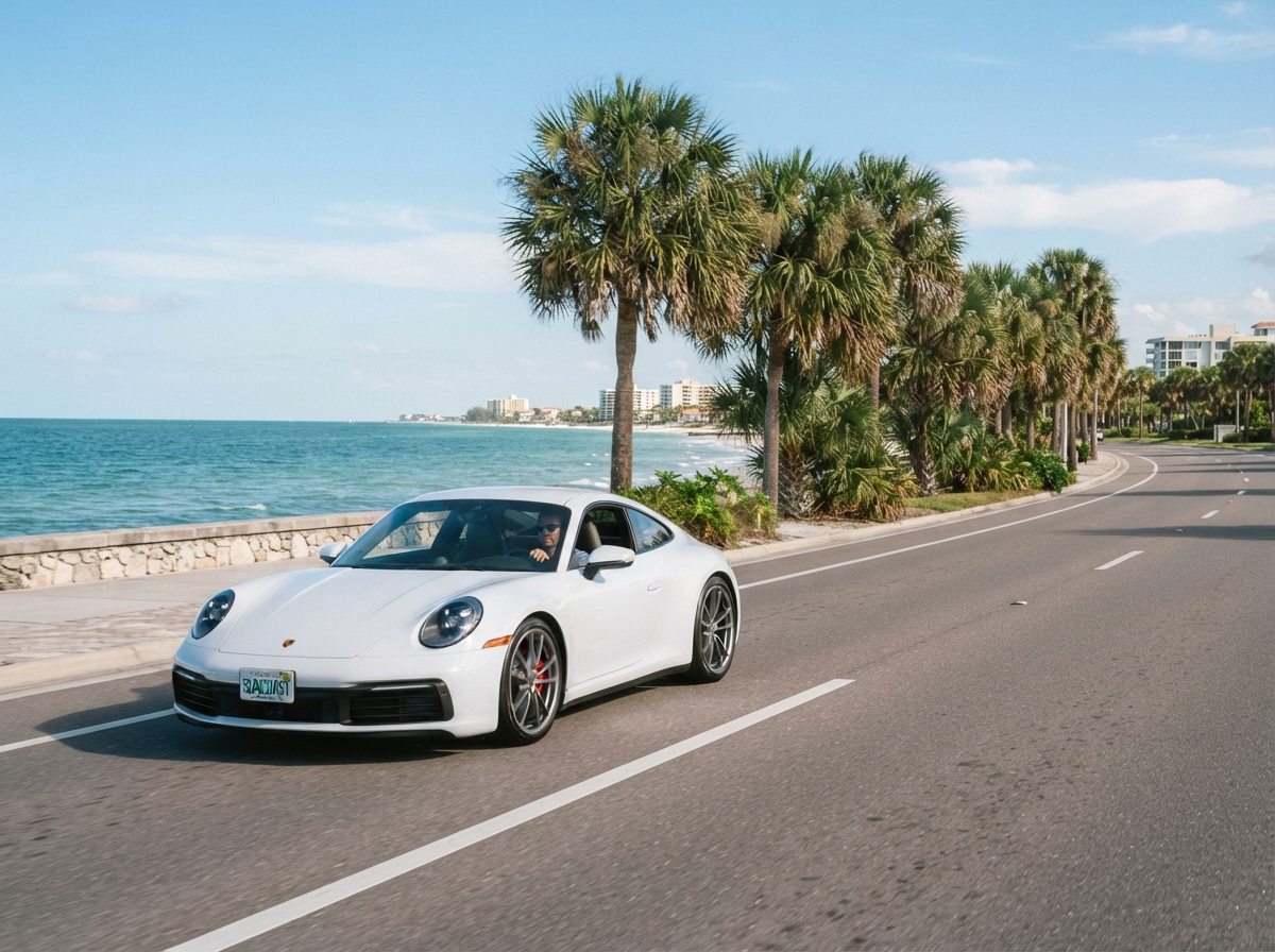 Car on a coastal Florida road near St. Petersburg