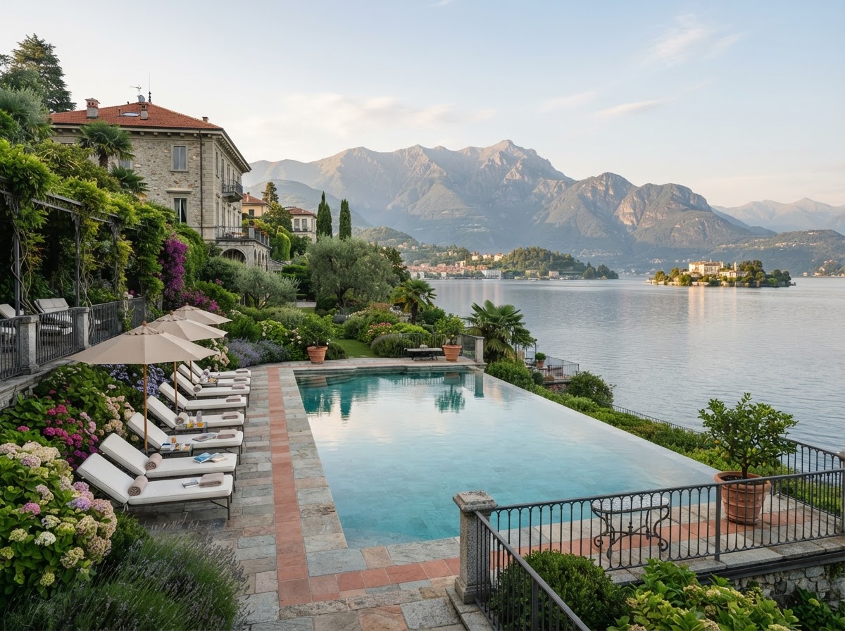Infinity swimming pool at the lakeside villa with alpine mountains beyond
