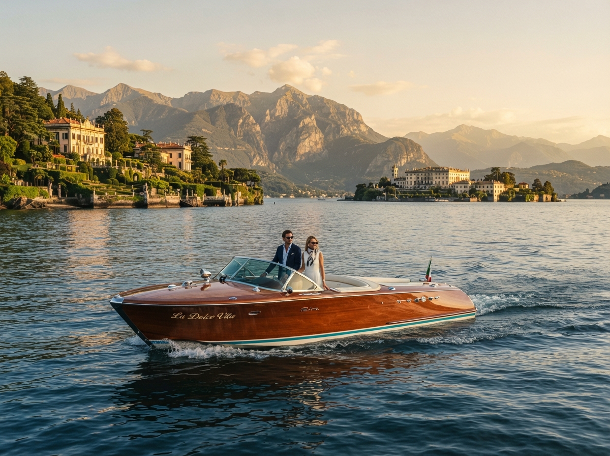 Private wooden speedboat cruising Lake Maggiore toward the Borromean Islands
