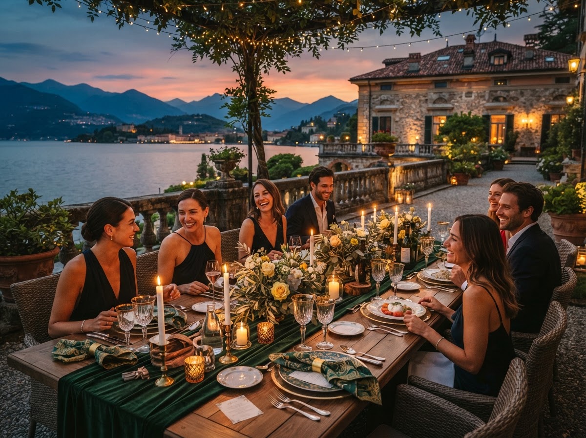 Farm-to-table outdoor dining setup overlooking Lake Maggiore at dusk
