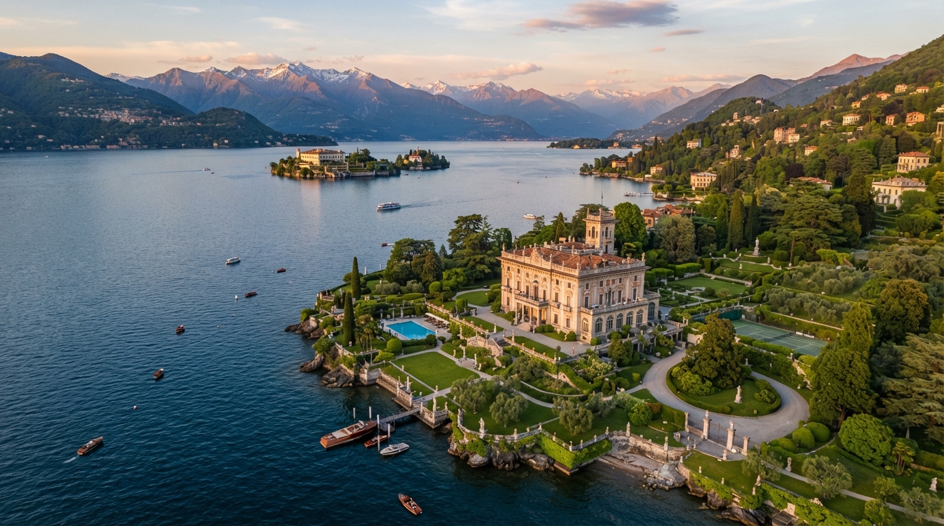 Aerial view of a luxury villa estate on the shores of Lake Maggiore at golden hour