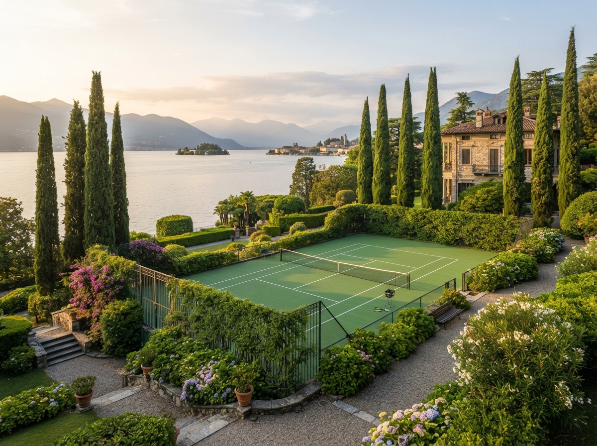Private tennis court with hard surface at the lakeside villa, ready for temporary pickleball lines