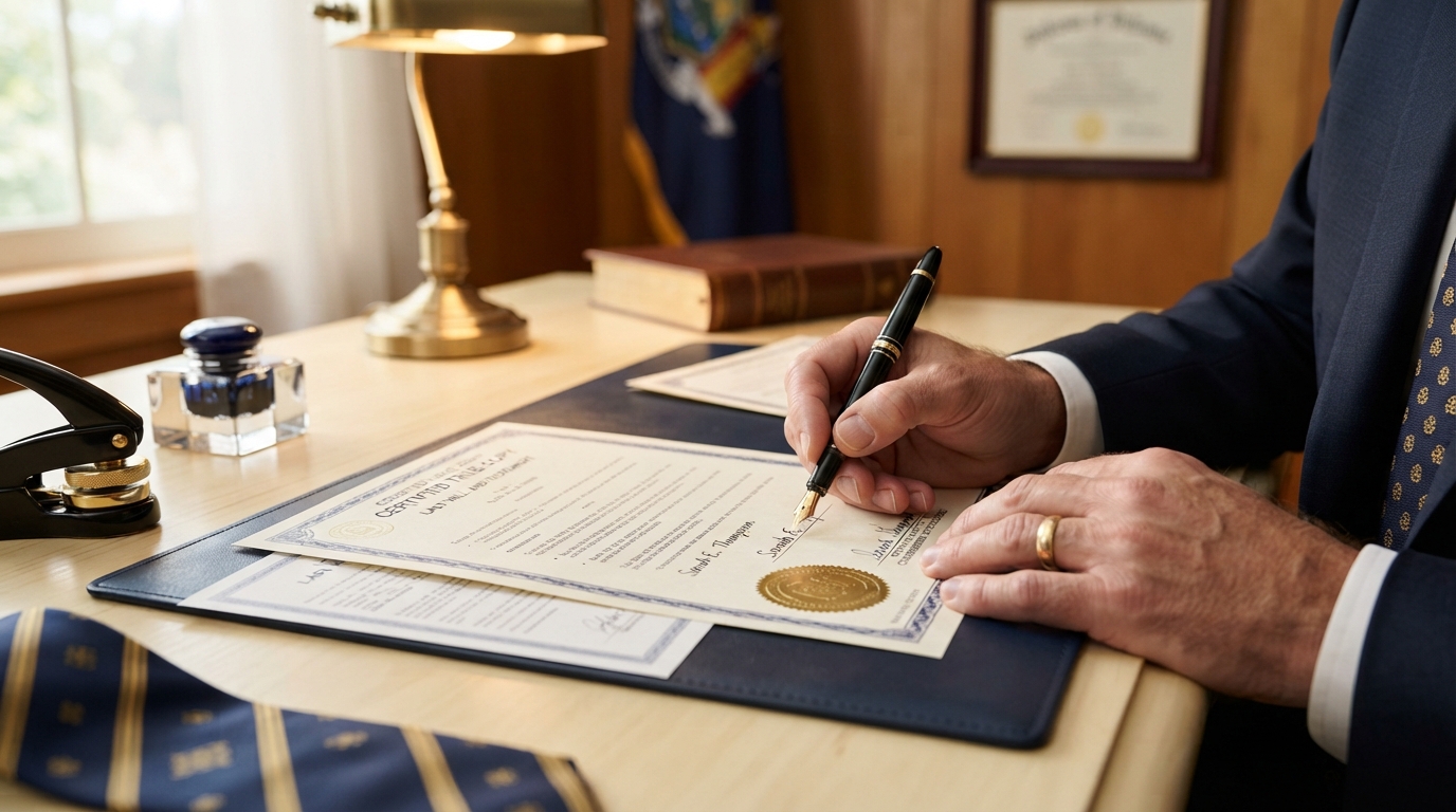 Hands signing an official document with a fountain pen for notarization