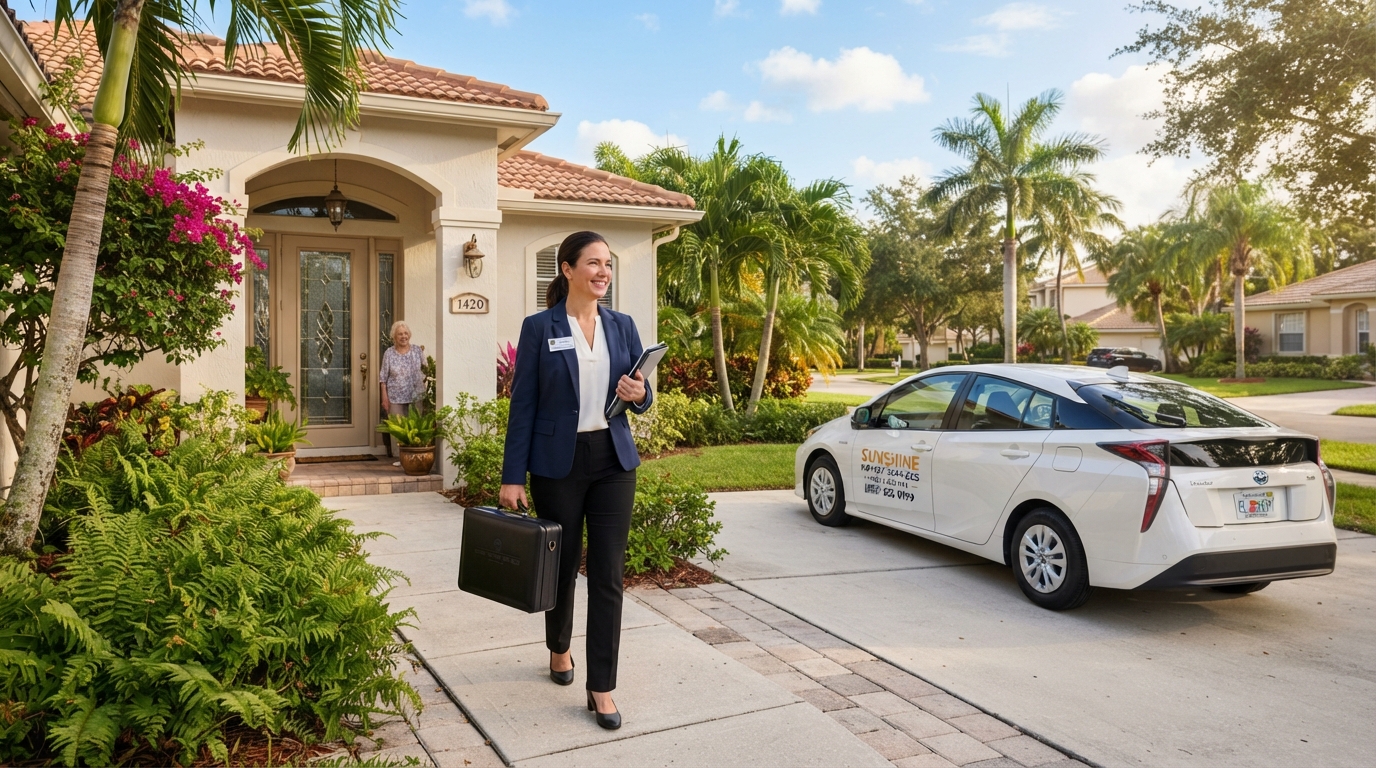 Mobile notary professional arriving at a Florida home for a notary appointment
