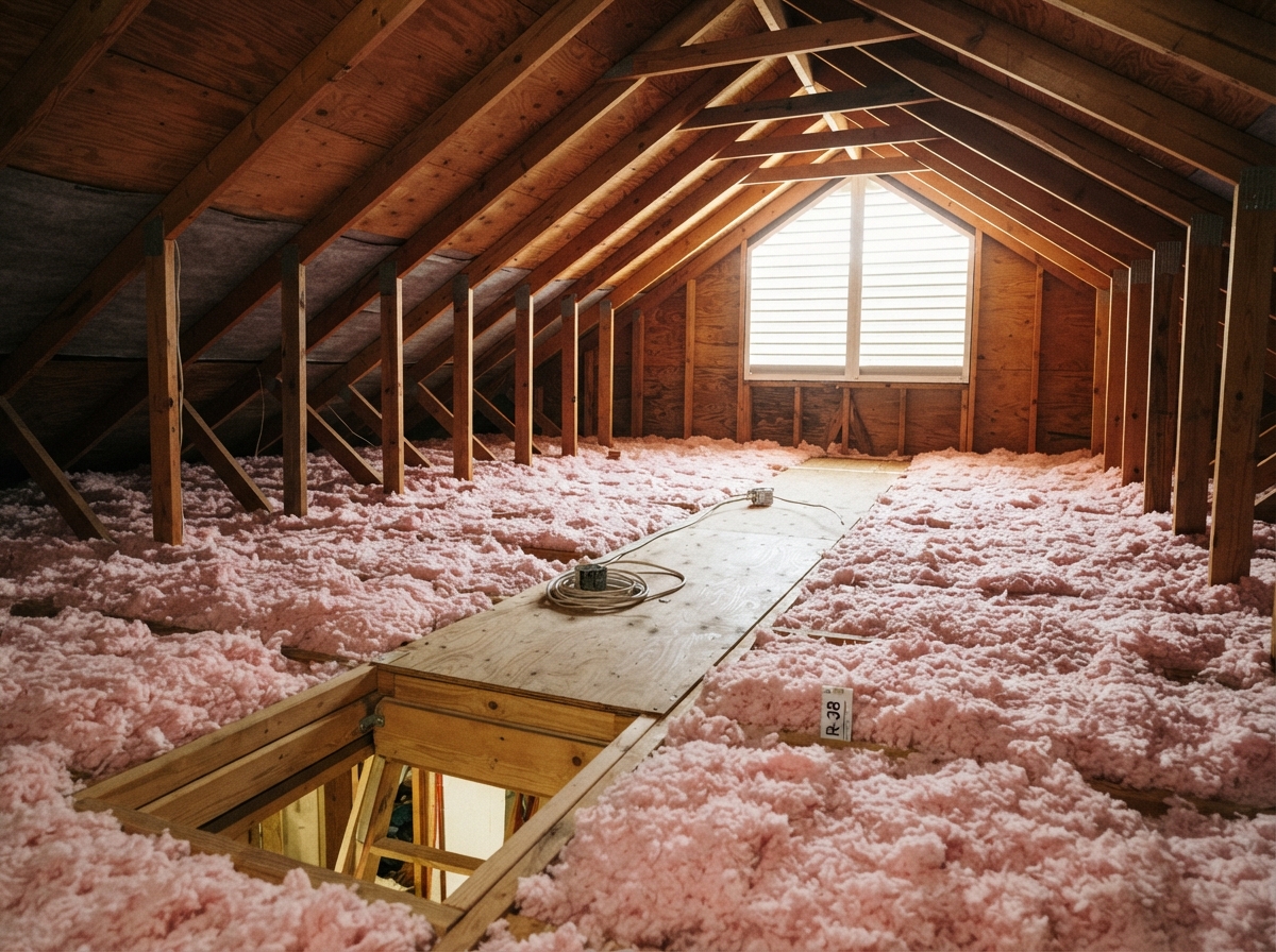 Clean attic with fresh R-38 insulation after removal and replacement in Stone Oak
