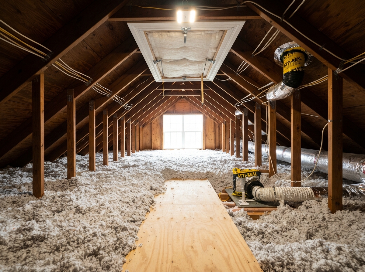 Sanitized attic with fresh insulation after rodent cleanout in Schertz