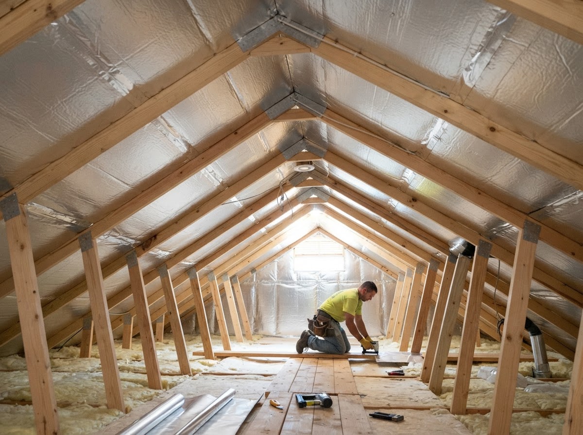Attic roof deck with reflective radiant barrier installed in Alamo Ranch