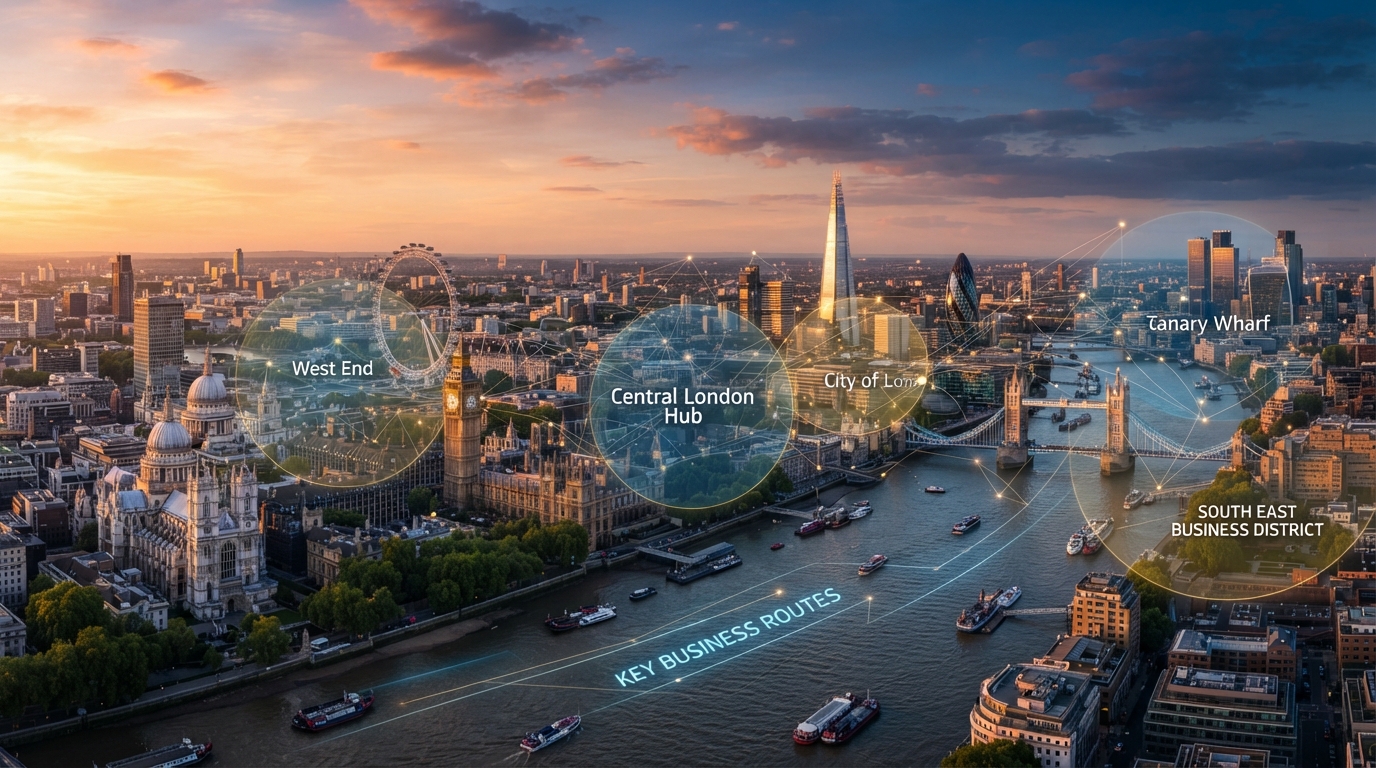 London skyline aerial view showing service coverage area