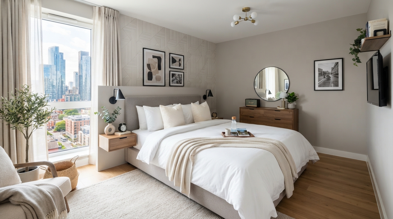 Modern stylish Airbnb bedroom with premium hotel-grade bedding