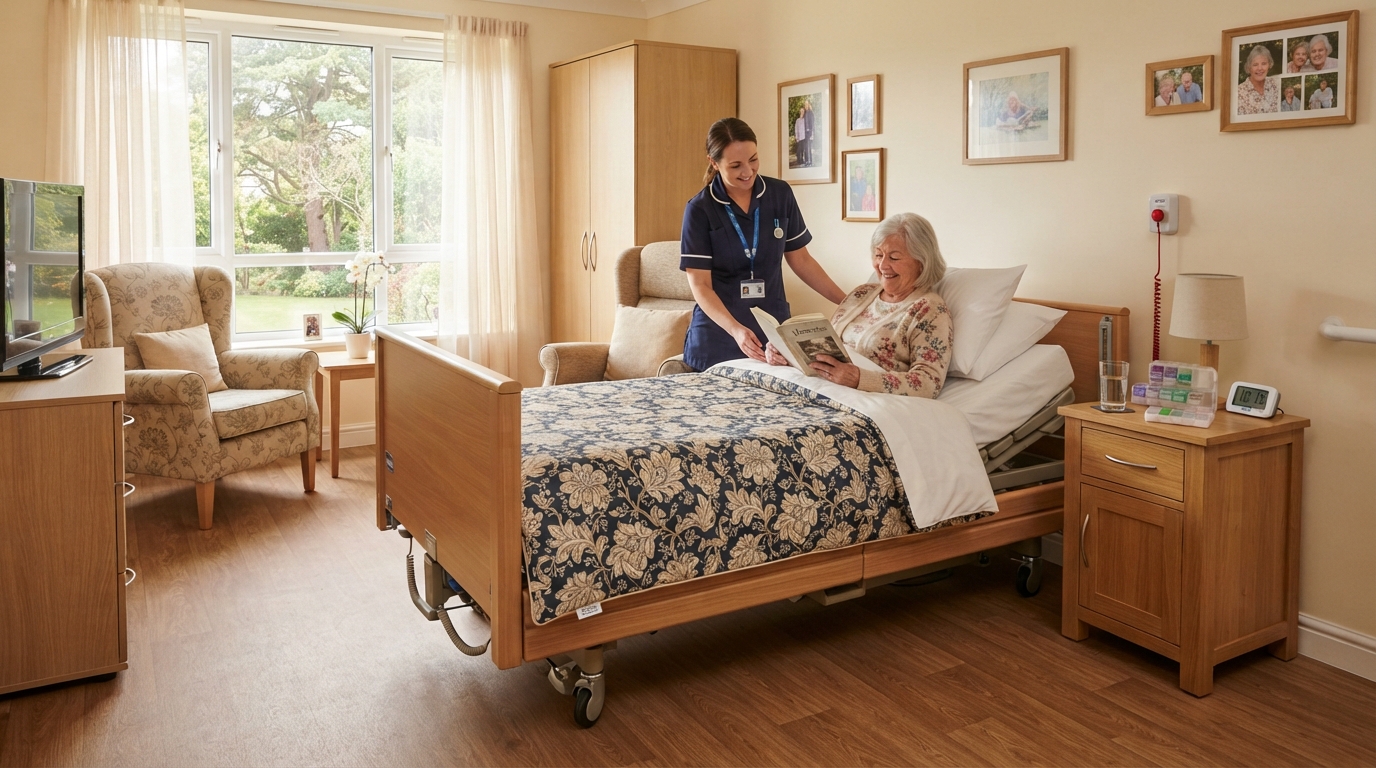 Clean senior living care home bedroom with comfortable bedding