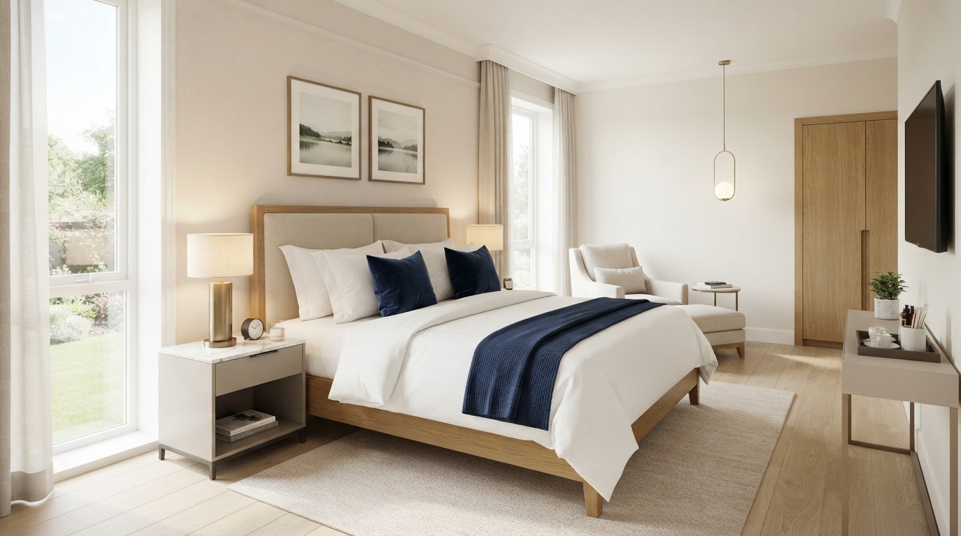 Modern care home bedroom with premium bedding
