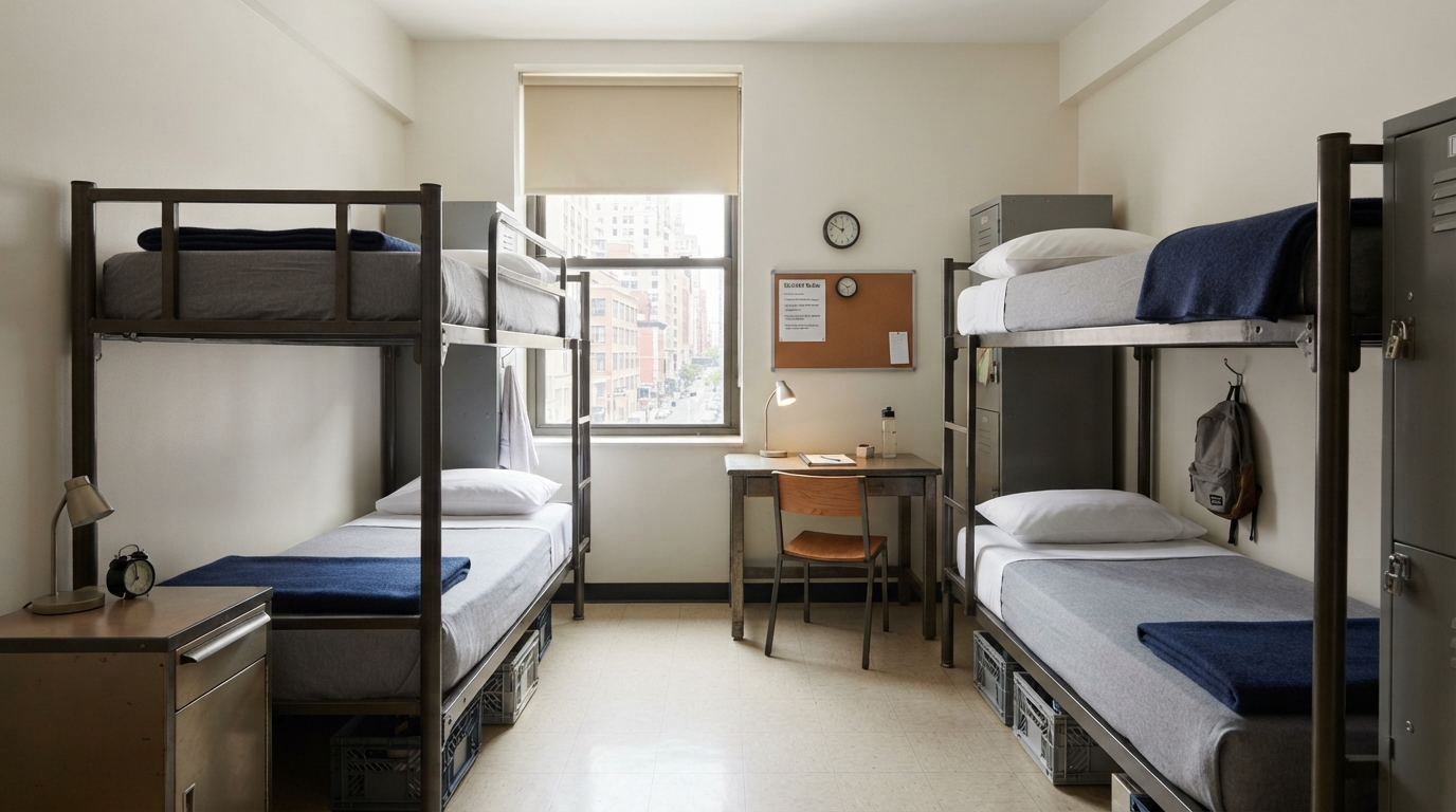 Tidy institutional dormitory or hostel room with robust furniture