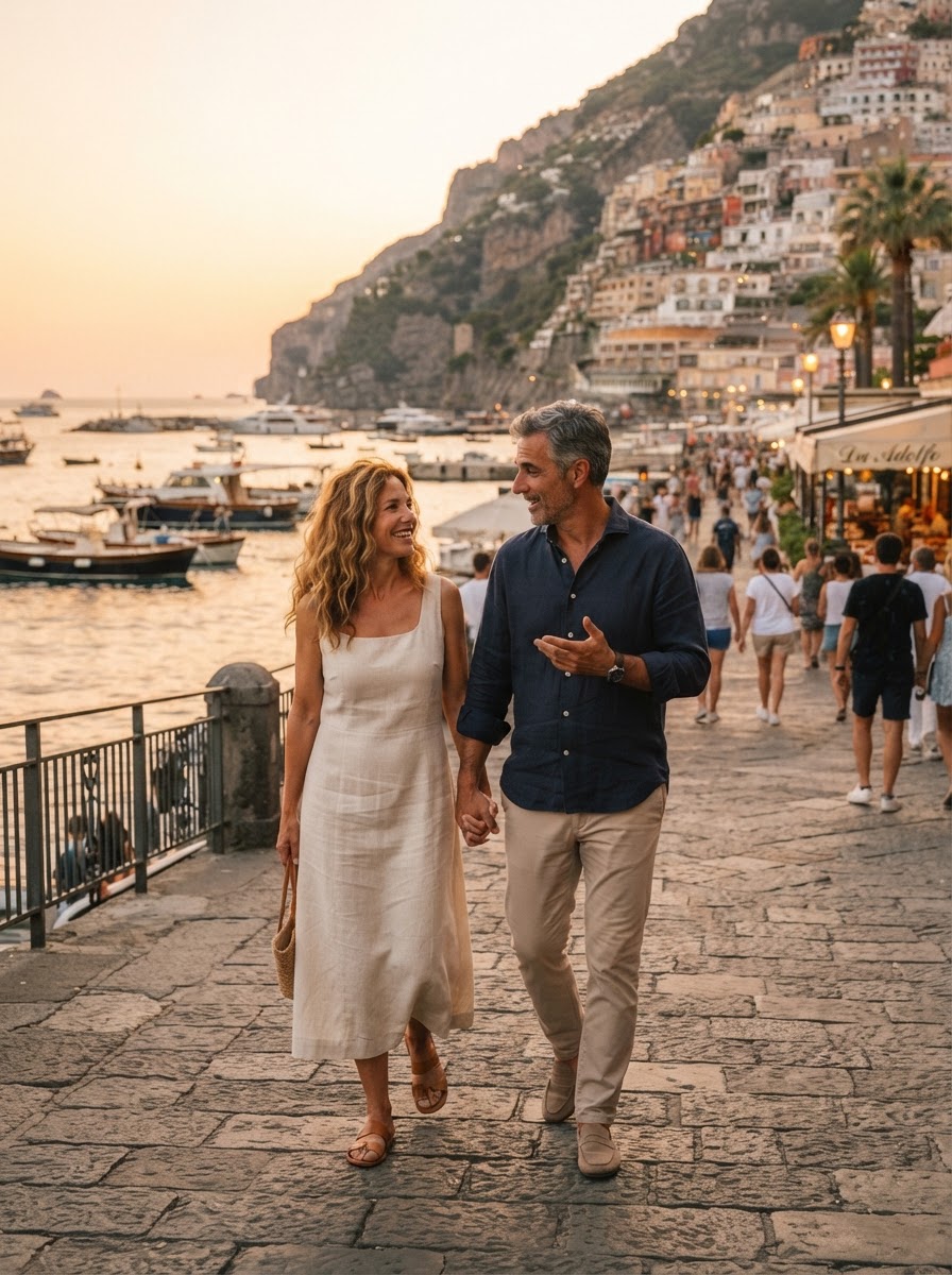 Travel companions walking together along a Mediterranean waterfront