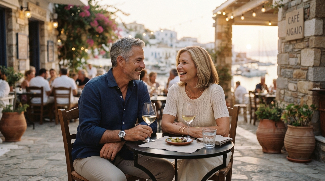 A couple relaxing together at a Mediterranean café, considering treatment abroad