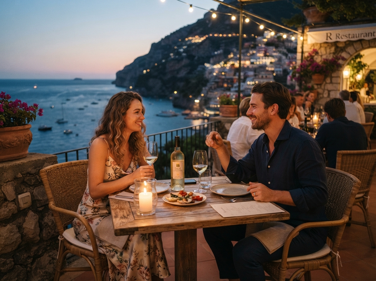 A couple enjoying a relaxed evening at a Mediterranean restaurant