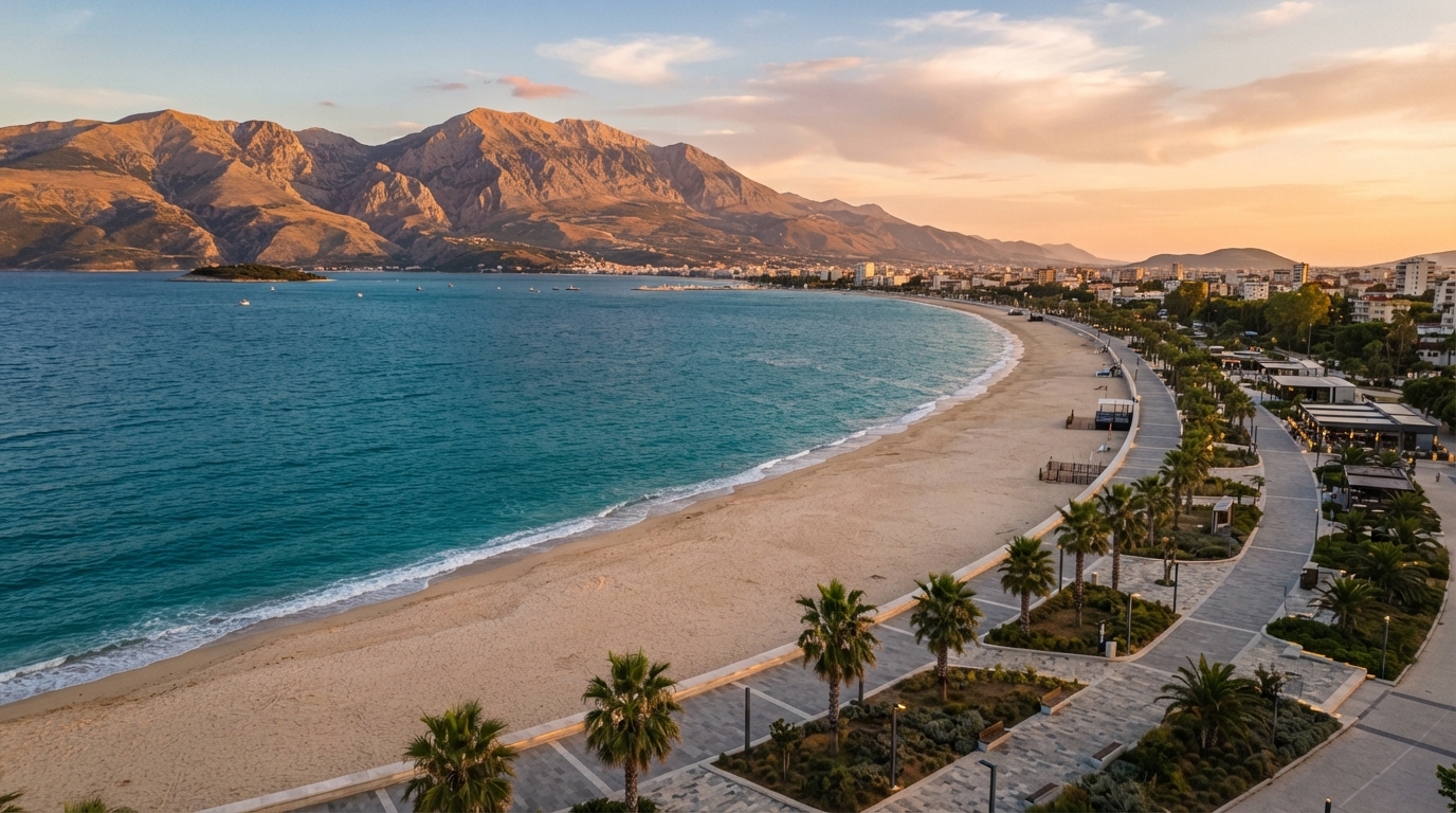 Albanian Riviera coastline at golden hour
