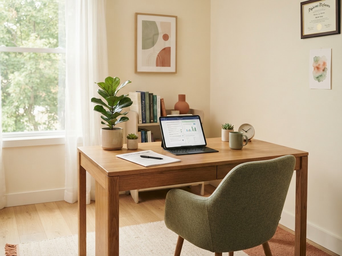 A calm psychological testing room with a desk, tablet, and upholstered chair in soft natural light
