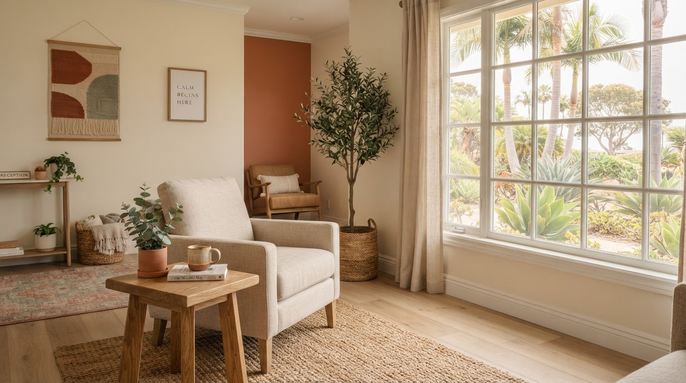 A warm, sunlit therapy office waiting area with a linen armchair and potted plants