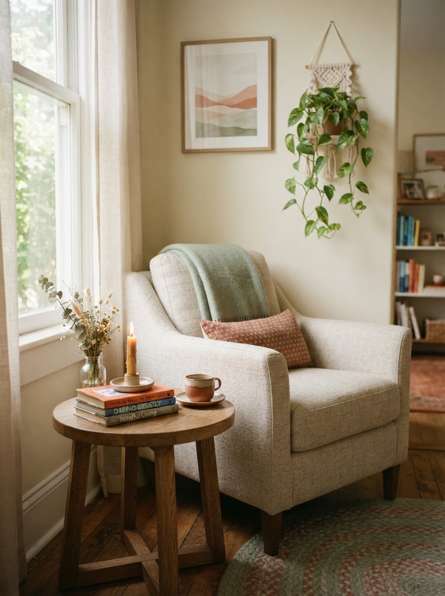 A quiet corner of the therapy office with a linen armchair, candle, and trailing plant