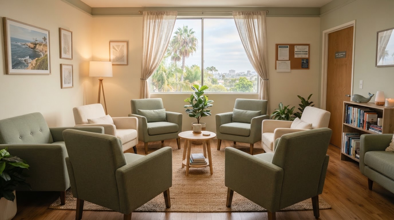 A warm group therapy room at a San Diego mental health practice, with upholstered chairs arranged in a circle and soft natural light