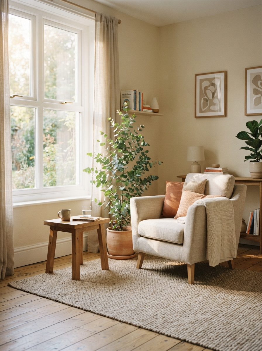 A calm, sunlit therapy room with a linen armchair by a window and a potted eucalyptus plant