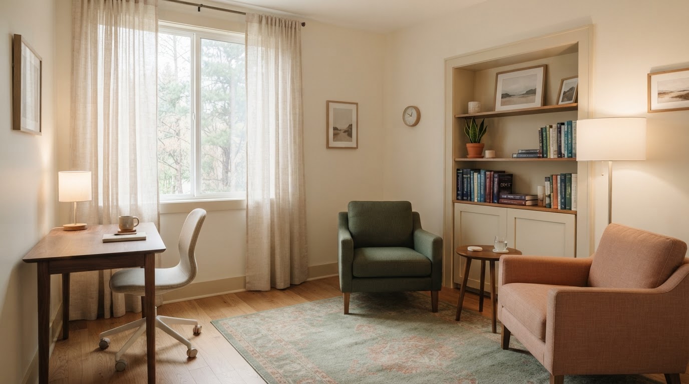 A calm psychological testing room at a San Diego therapy practice, with a desk, assessment tablet, and upholstered chair in soft natural light