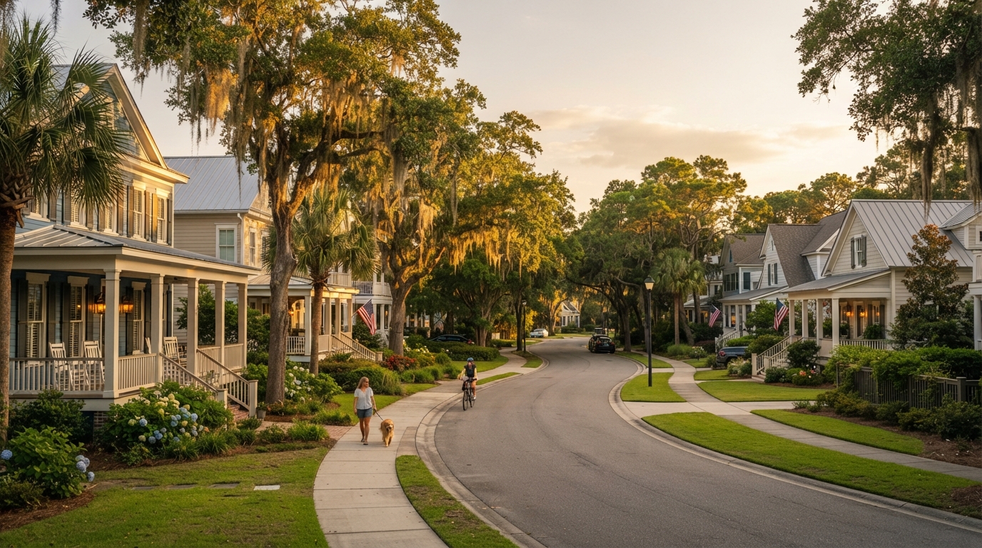 Coastal South Carolina residential neighborhood with warm natural light
