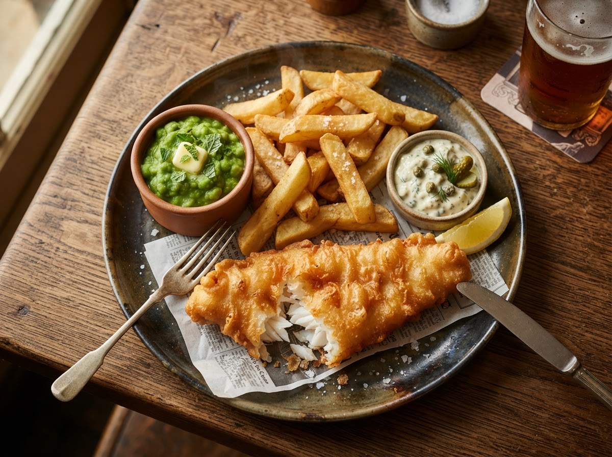 Classic British fish and chips at The Anchor Bookham