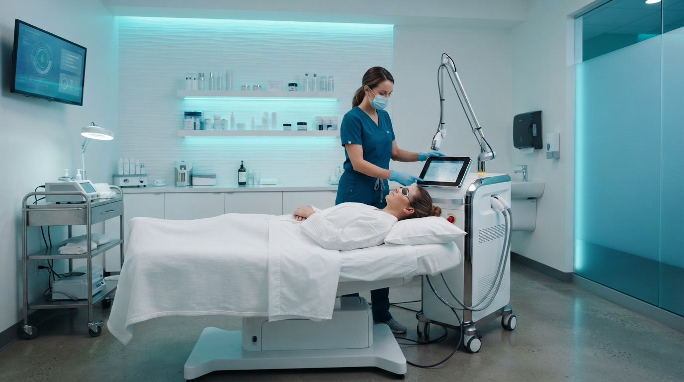 Modern medical spa treatment room with cosmetic laser equipment