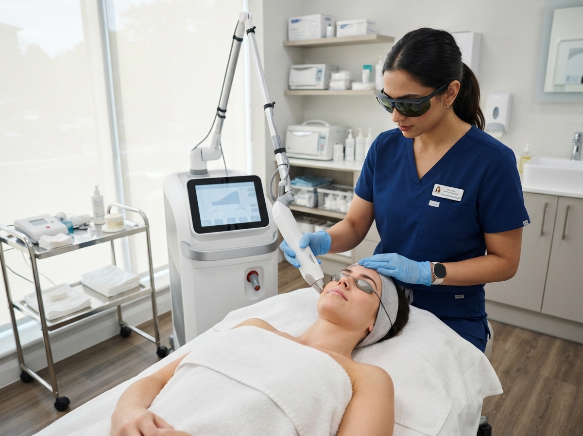 Medical professional operating a cosmetic laser in a treatment room