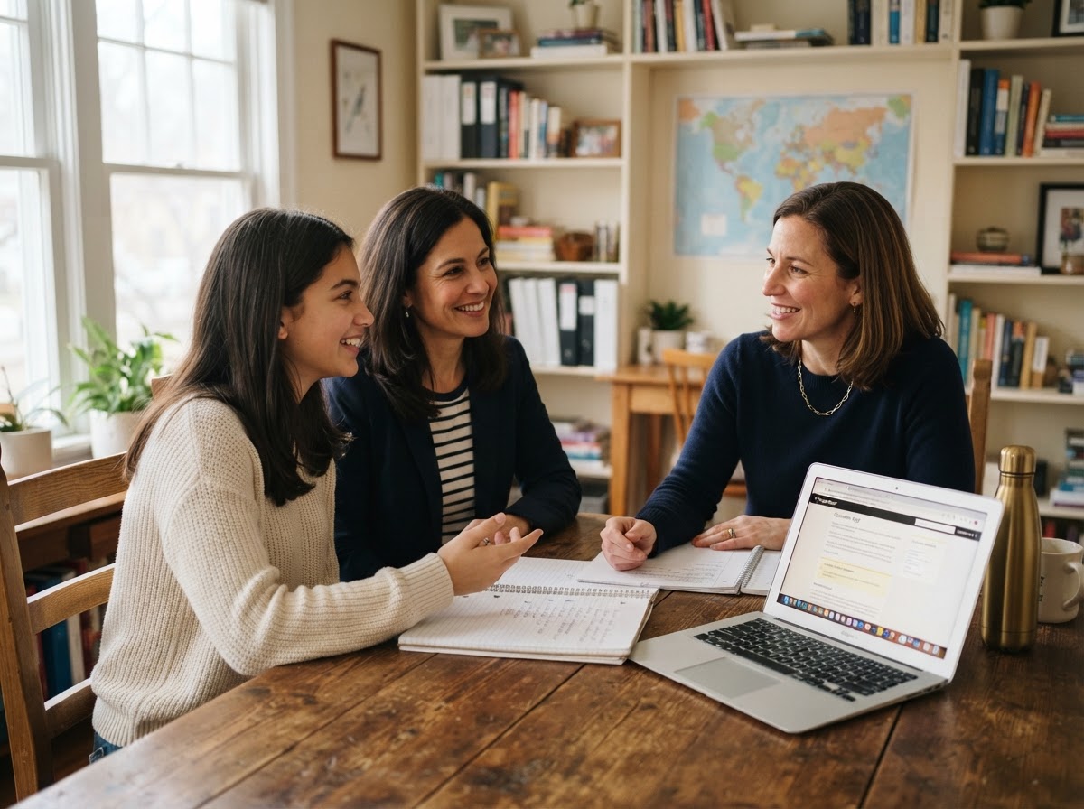 A parent and student in a warm, candid consultation about planning and organization