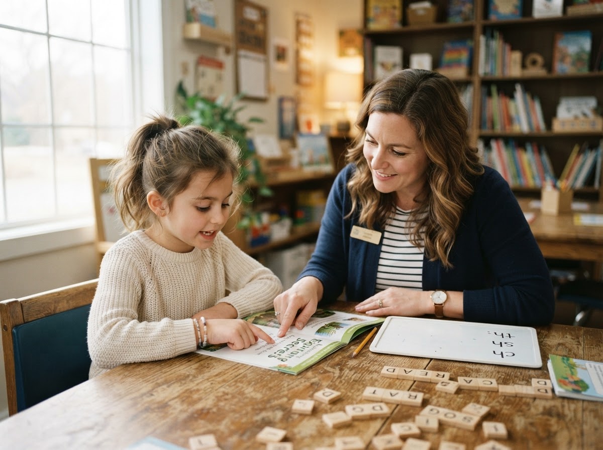 A learning specialist working one-to-one with a student on academic coursework in warm natural light
