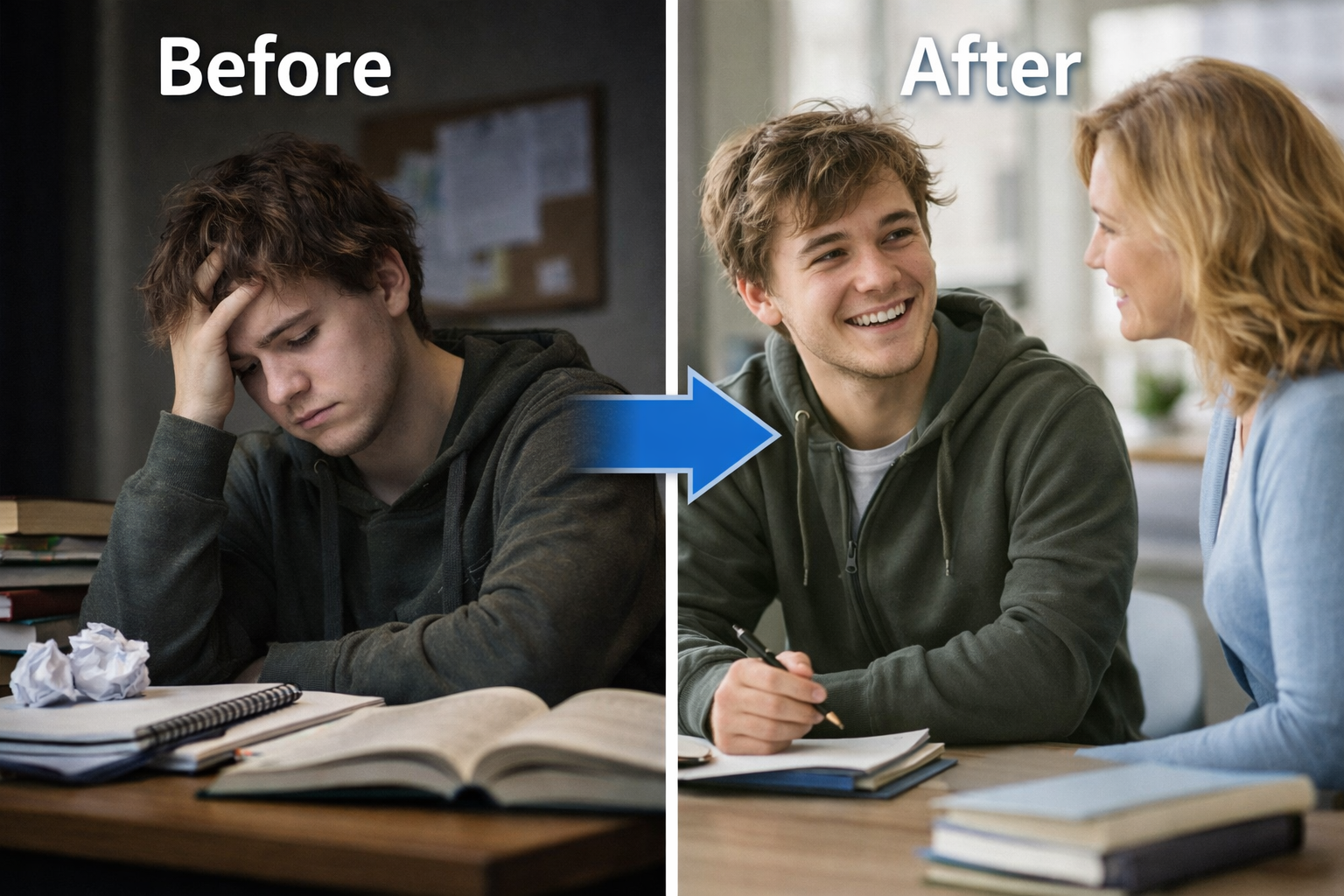 Before and after transformation of a student moving from academic frustration to engaged, smiling collaboration