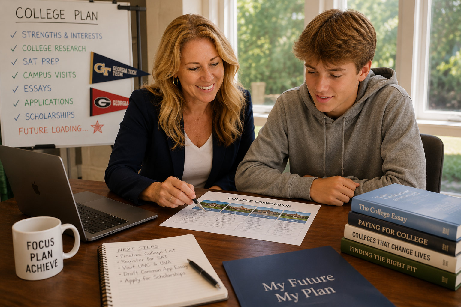 An SEC educational consultant working one-on-one with a high school student on college planning and strategy