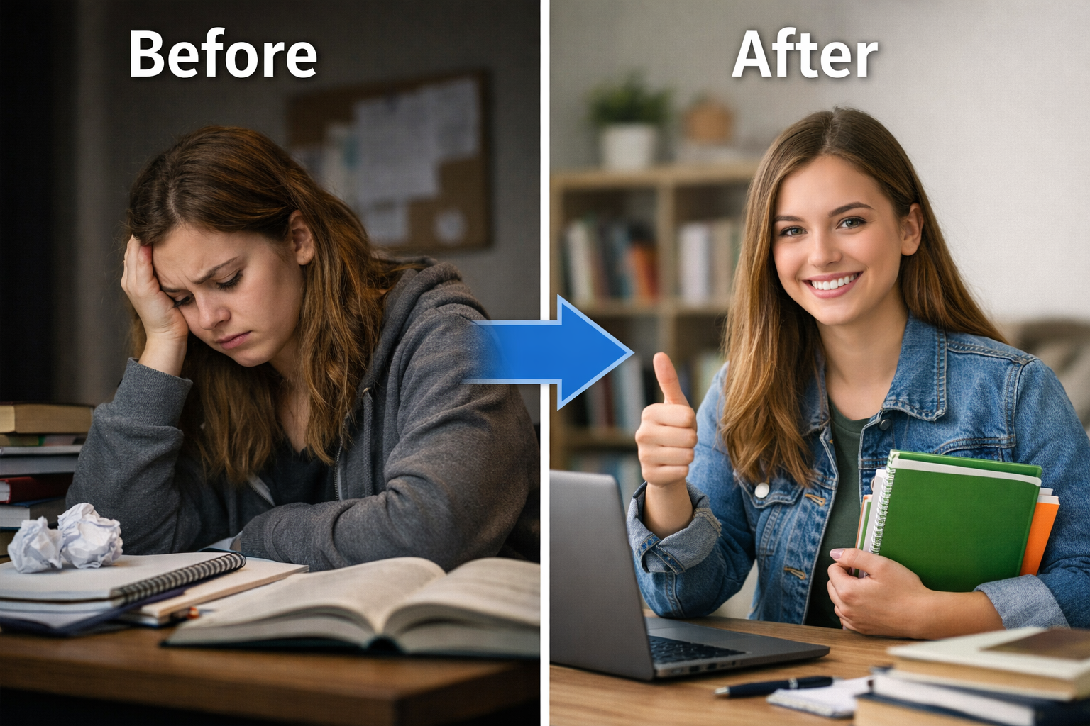 Before and after transformation of a student moving from test fatigue and anxiety to confident academic accomplishment