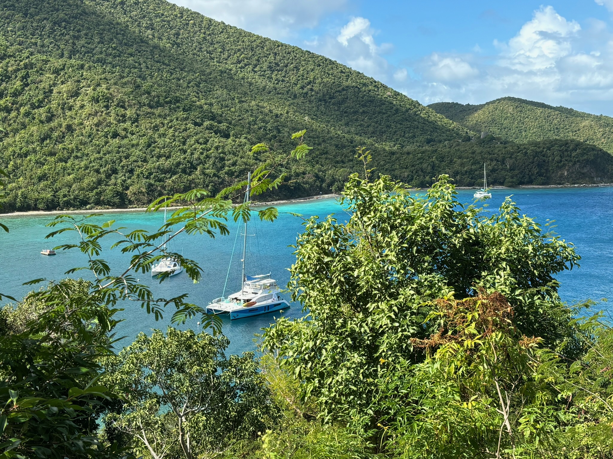 Touch the Sky catamaran anchored in a lush Caribbean bay