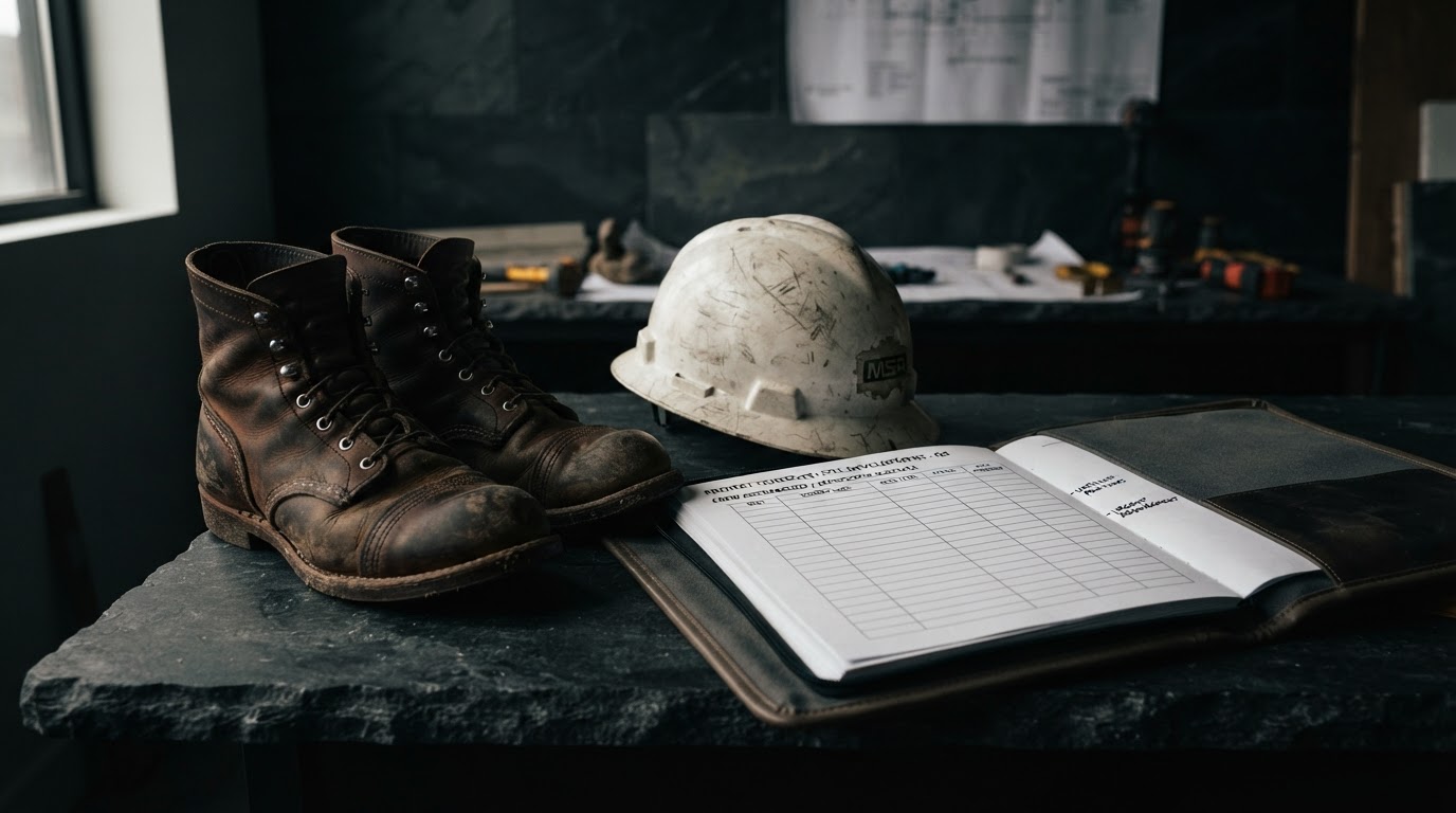 Worn work boots and a hard hat resting on a dark surface beside an open job folder with unfilled crew scheduling slots, representing the skilled labor shortage facing contractors.