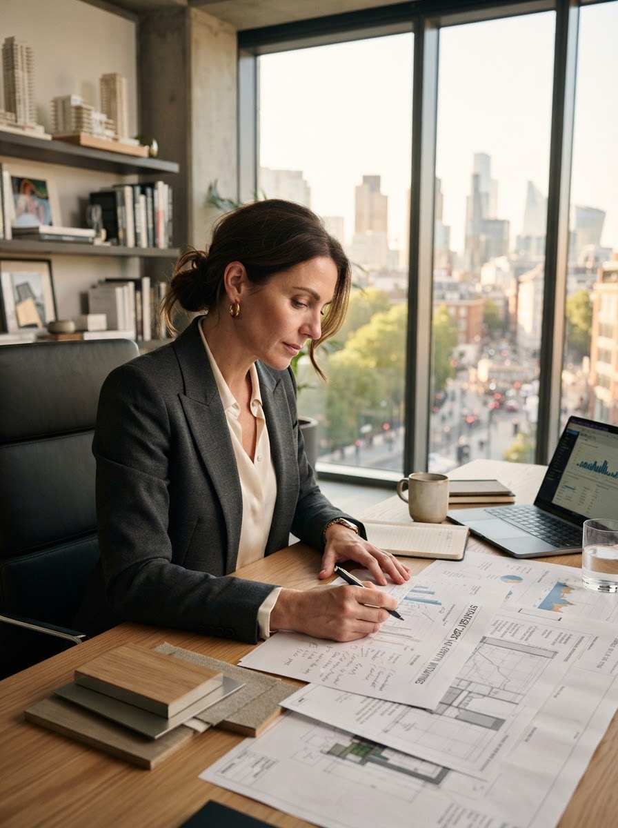 Business owner reviewing strategy in a modern premium office