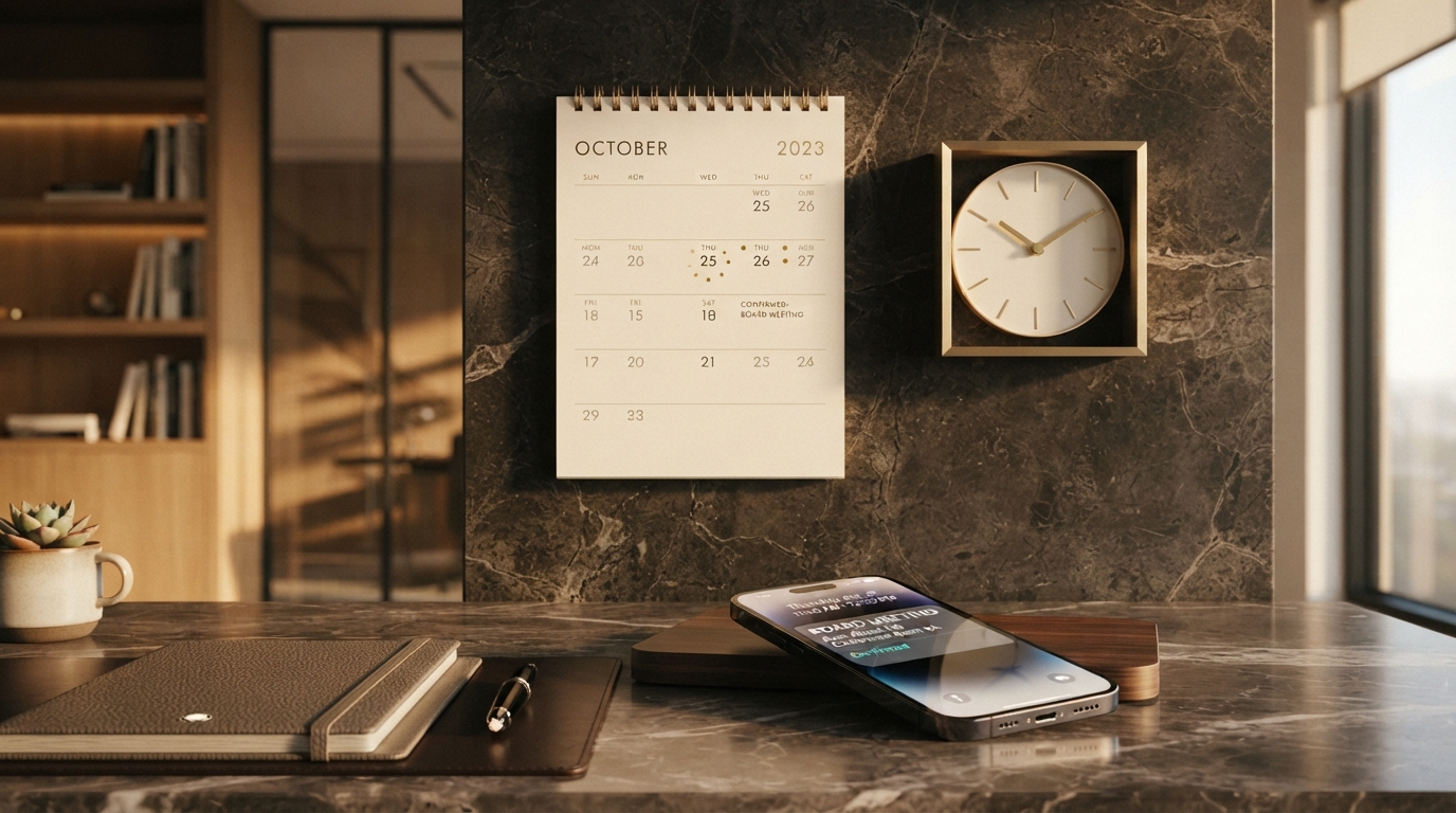 Elegant wall calendar and desk clock on a dark onyx wall with a smartphone showing appointment confirmation representing automated no-show reduction