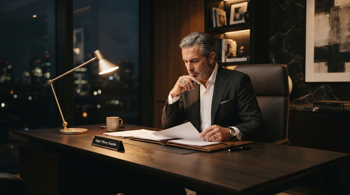 Business owner seated thoughtfully at a modern desk in an elegant dark office reviewing documents representing lead follow-up systems